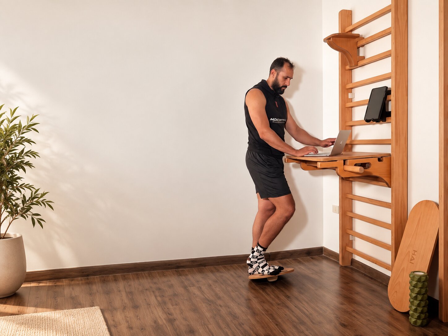 Athlete working at the HAI desk while using a balance board