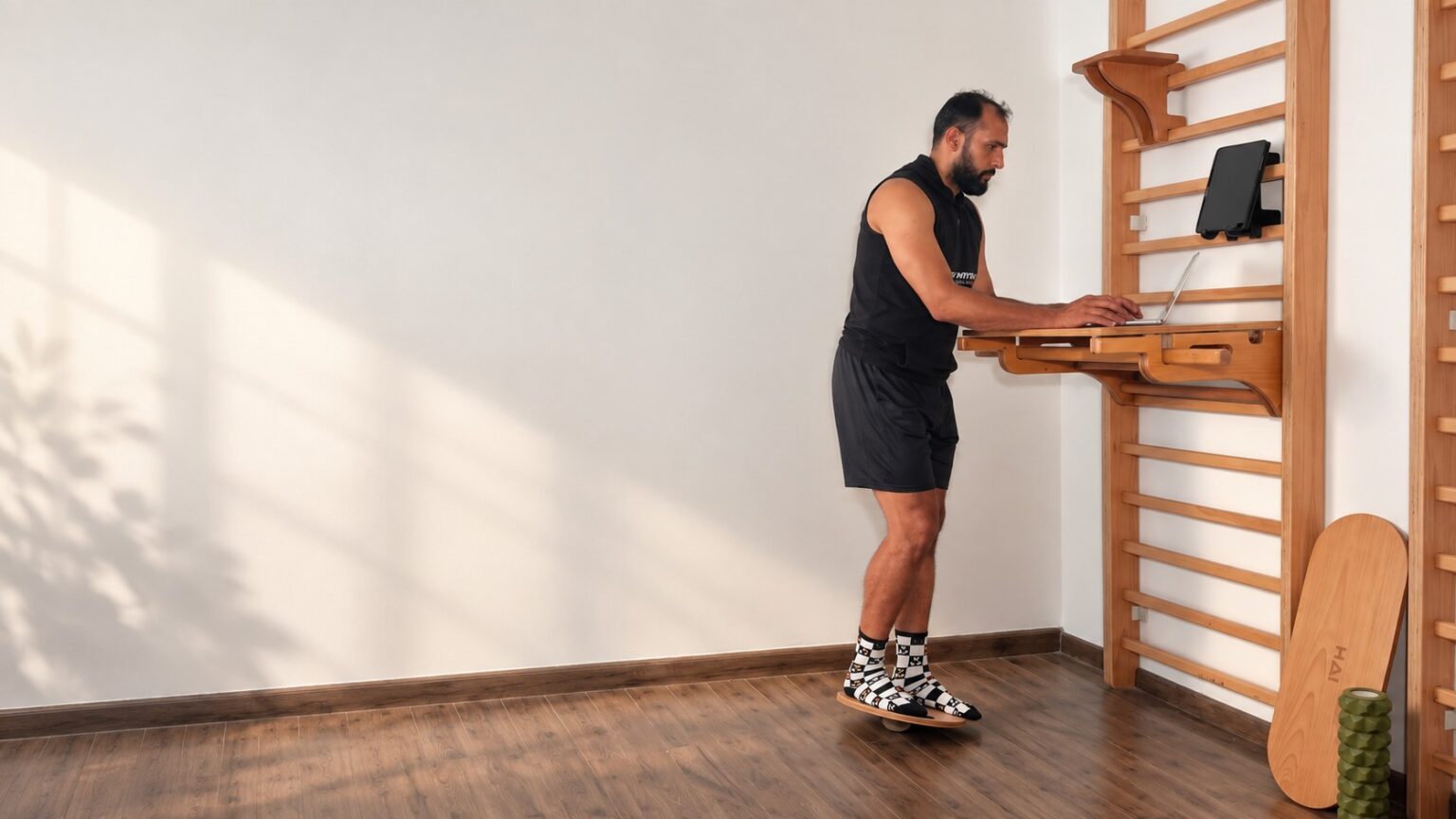 Working at a HAI standing desk on a balance board